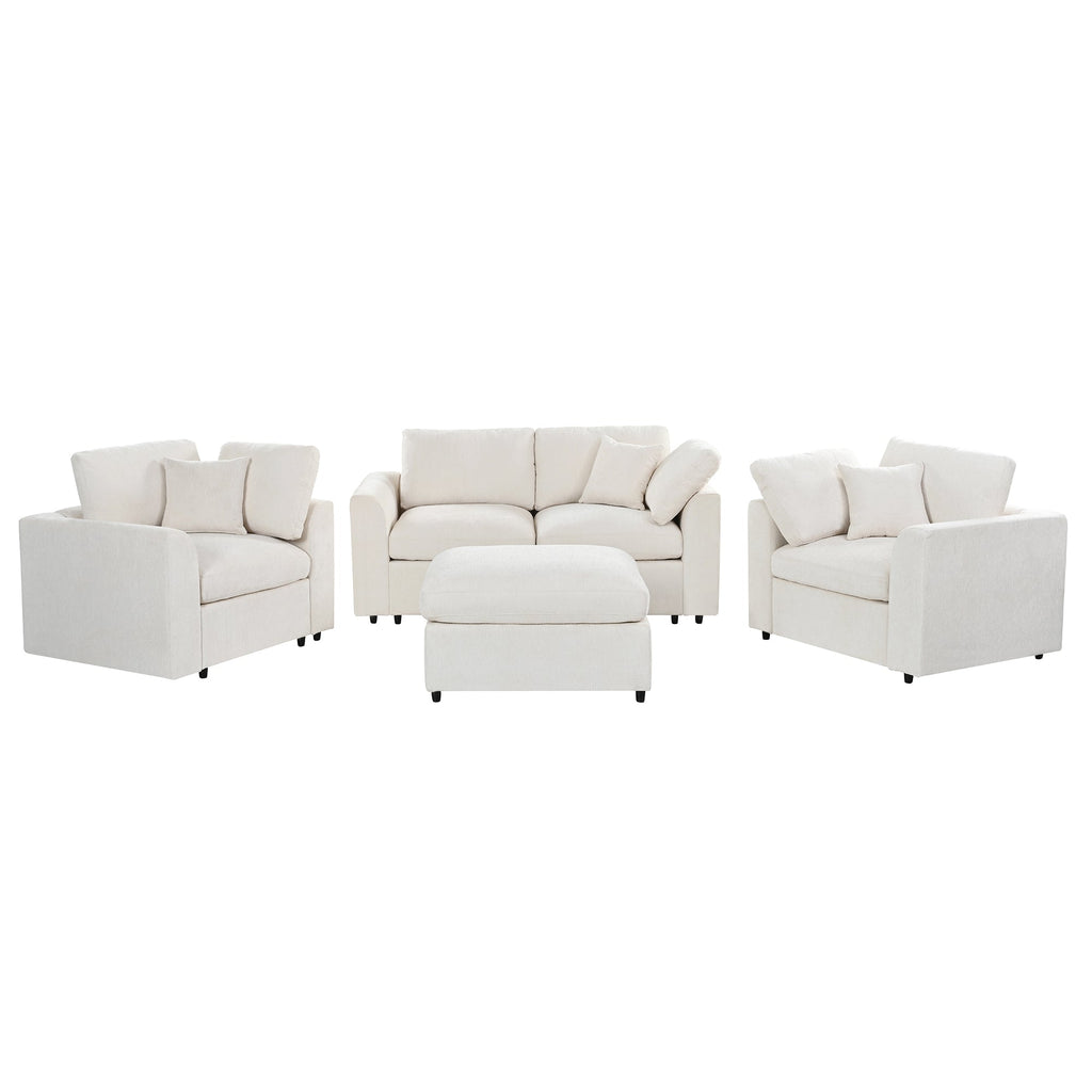 U-Style 4-Piece Sofa Set, 2 Accent Chairs + Loveseat + Movable Ottoman