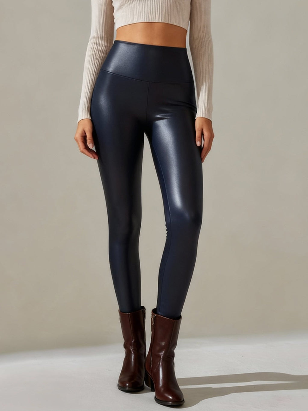 Women Faux Leather Leggings, High Waisted PU Leather Stretch Skinny Pants For Fall Winter Casual Daily Wear