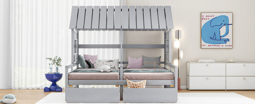 Twin Size House Platform Beds with Storage Drawers