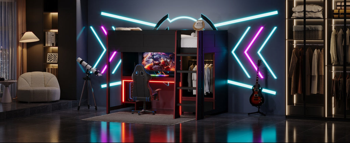 Wood Twin Size Gaming Loft Bed with Built-in Desk, Wardrobe, LED and a Drawer