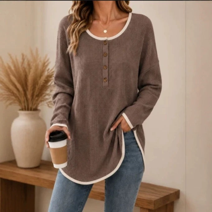 Anno's Self-developed 2026 European And American Women's Fashion Casual Round-neck Buttoned Long-sleeve Top For Amazon Independent Stores