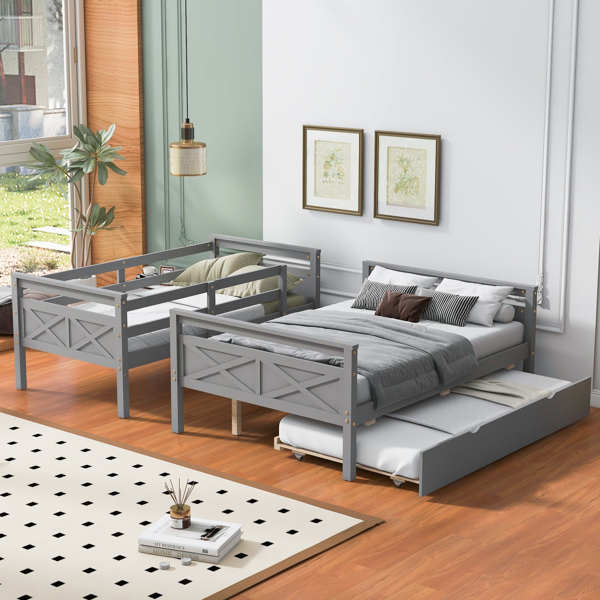 Twin Over Full Bunk Bed with Ladder, Trundle & Safety Guardrail