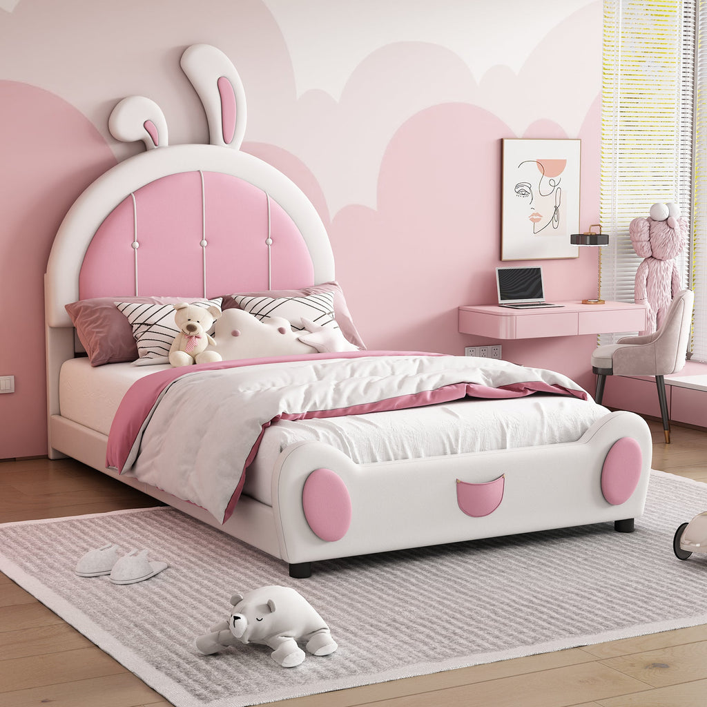 Twin Size Upholstered Platform Bed With Rabbit Shaped Headboard