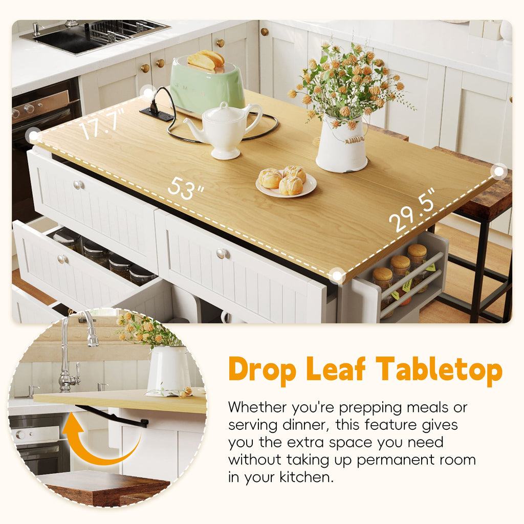 Topmax Farmhouse Kitchen Island with Drop Leaf and 2 Seatings