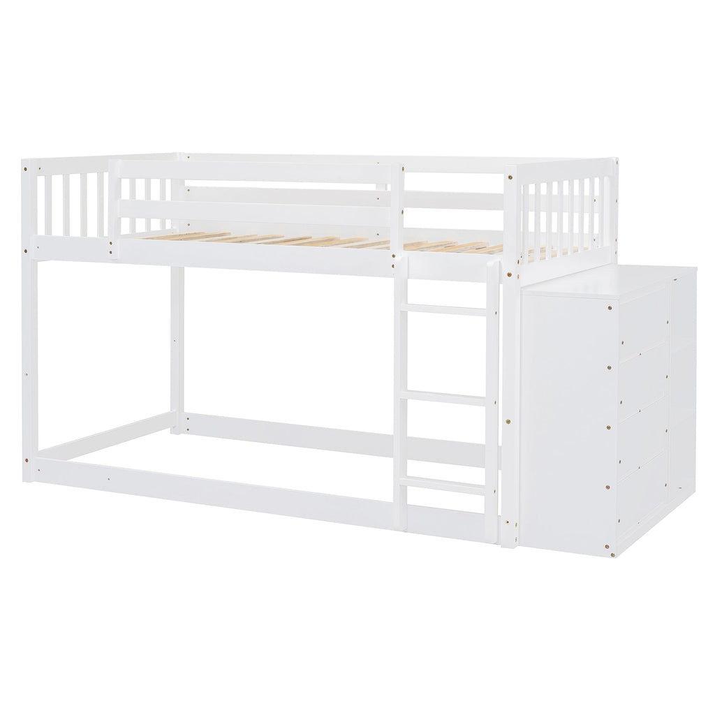 Twin Over Twin Bunk Bed with 4 Drawers and 3 Shelves - White