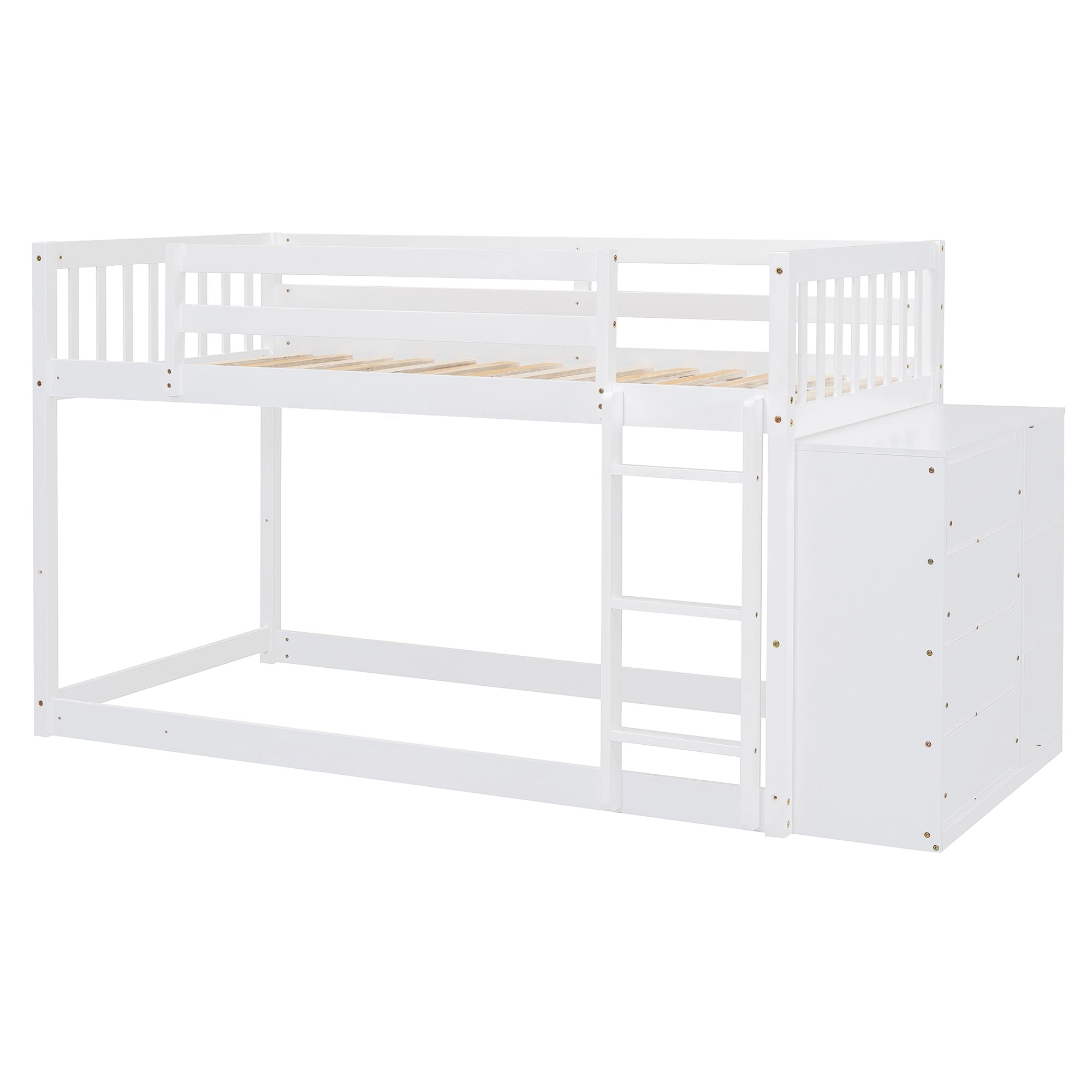Twin Over Twin Bunk Bed with 4 Drawers and 3 Shelves - White