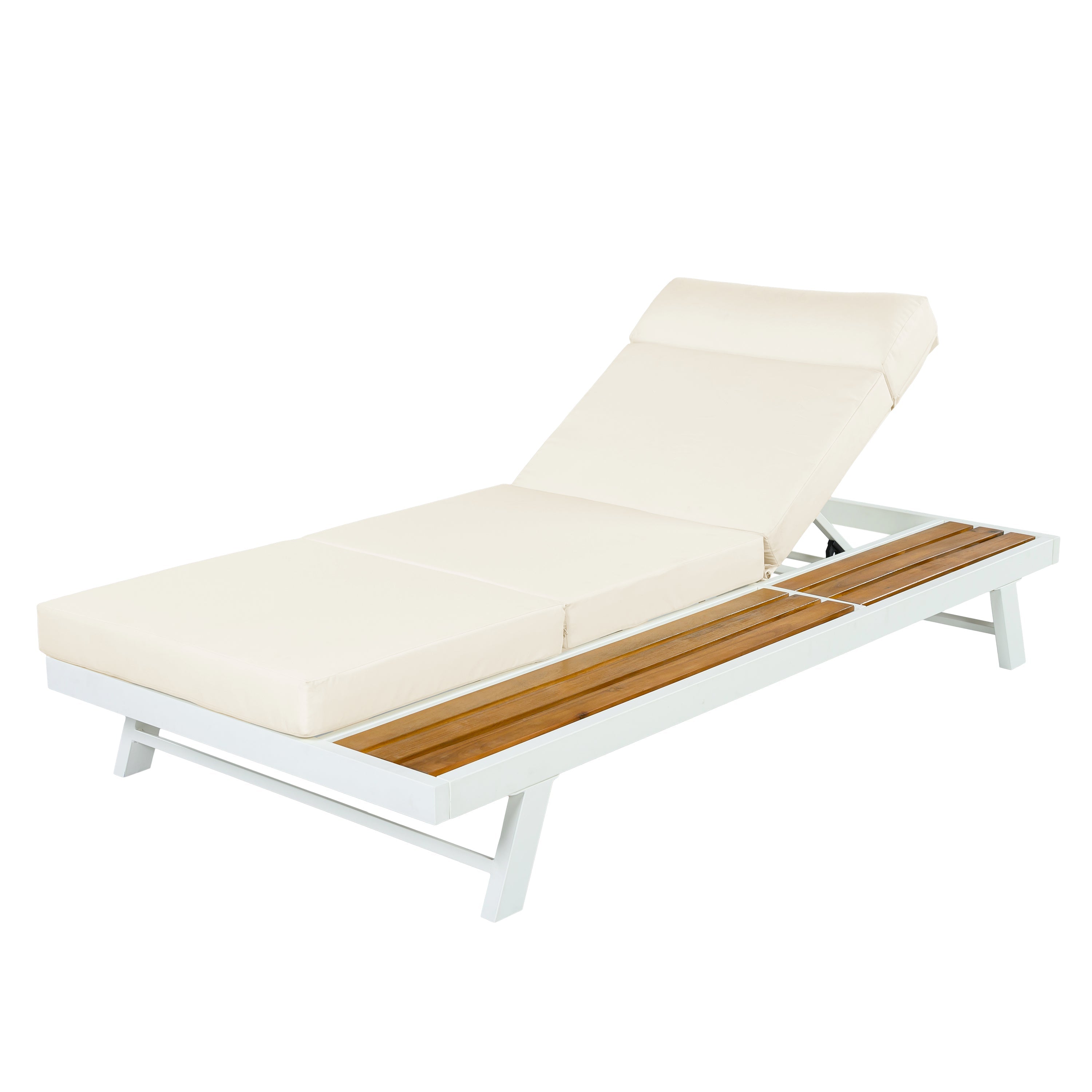 White Iron + Teak Finish Outdoor Chaise Lounge Set