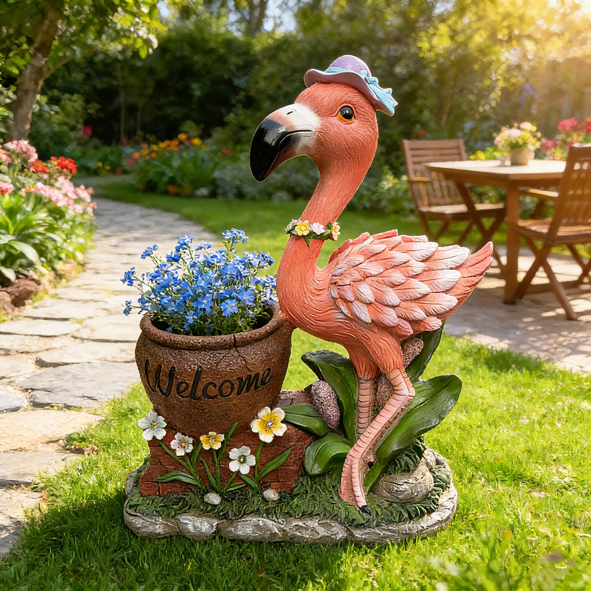 Outdoor Garden Sculpture: Flamingo Flower Pot Planter