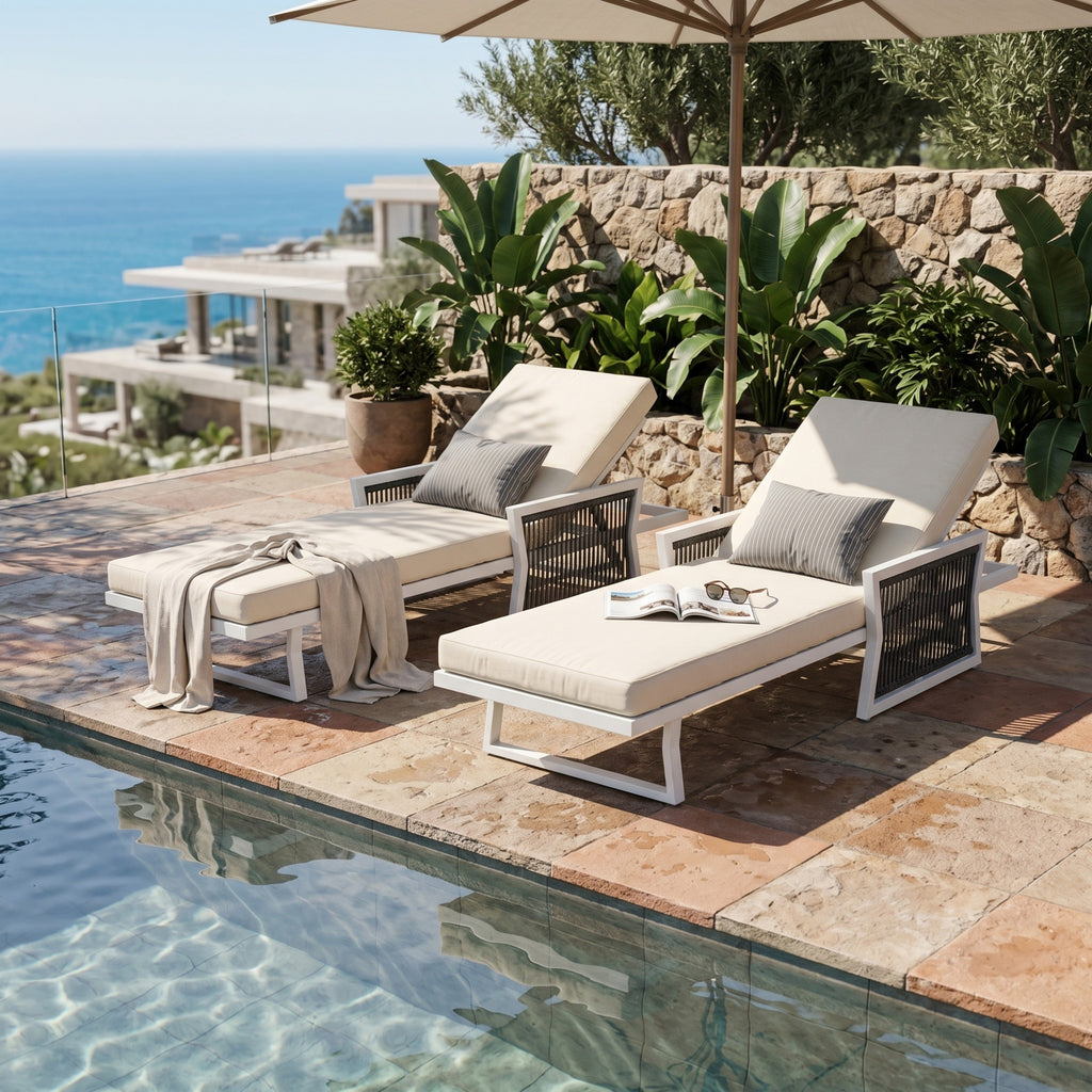 White Iron Outdoor Chaise Lounger Set