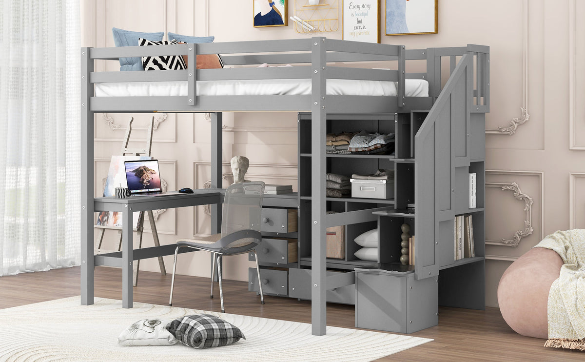 Full Size Loft Bed with L-Shaped Desk and Drawers