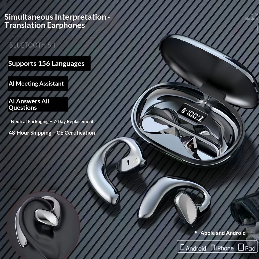 Ear-hook Wireless Translation Headphones - Long Battery Life Open-ear Bluetooth Headset with Real-time Multi-language Interpretation for Sports and Business