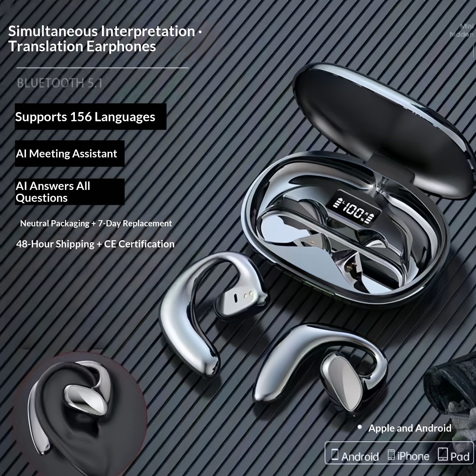 Ear-hook Wireless Translation Headphones - Long Battery Life Open-ear Bluetooth Headset with Real-time Multi-language Interpretation for Sports and Business