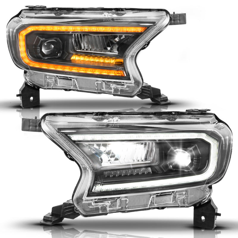 ANZO 19-23 Ford Ranger (Factory Halogen Model) Full LED Proj Headlights Init/DRL/SeqSig Black - Pair 111632A