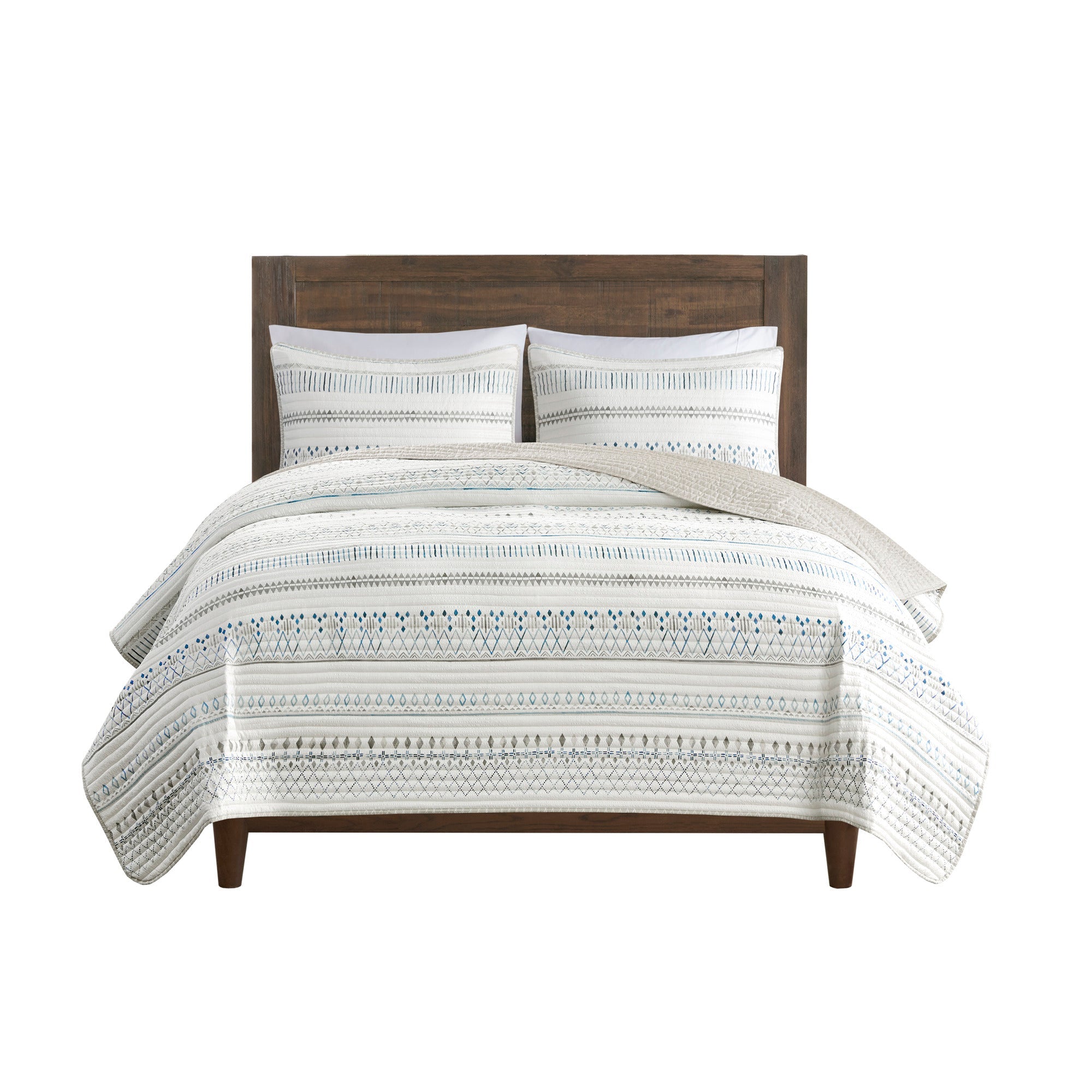 3 Piece Seersucker Quilt Set Taupe/Blue Full/Queen