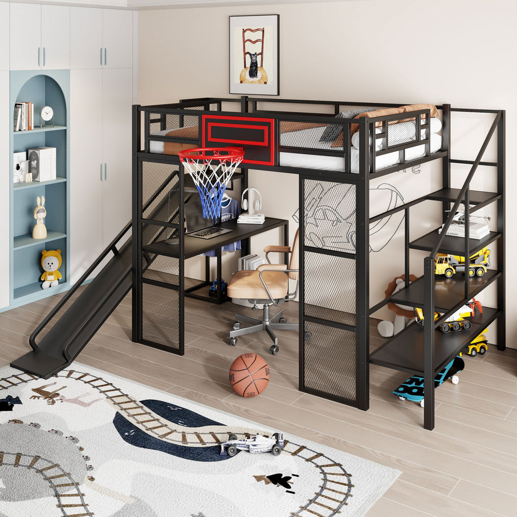 Full Size Metal Loft Bed with Built-in Desk, Open Wardrobe, Basketball Hoop, Slide and Staircase