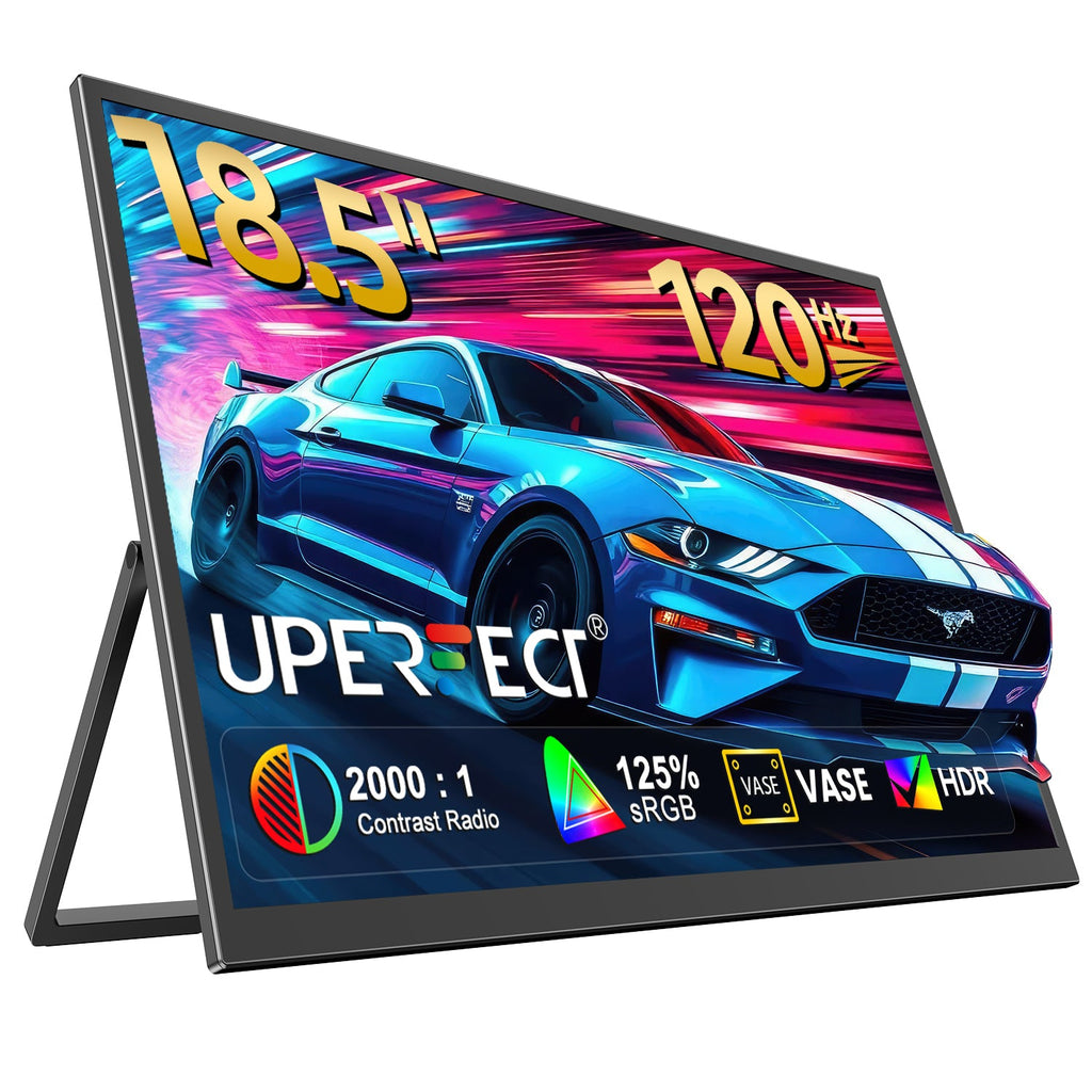 UPERFECT Portable Monitor 18.5 Inch, 120Hz 1080P FHD, 125 Percent SRGB, IPS HDR Gaming Screen, FreeSync, VESA Ready With Stand, USB C HDMI External Travel Monitor For Laptop MacBook