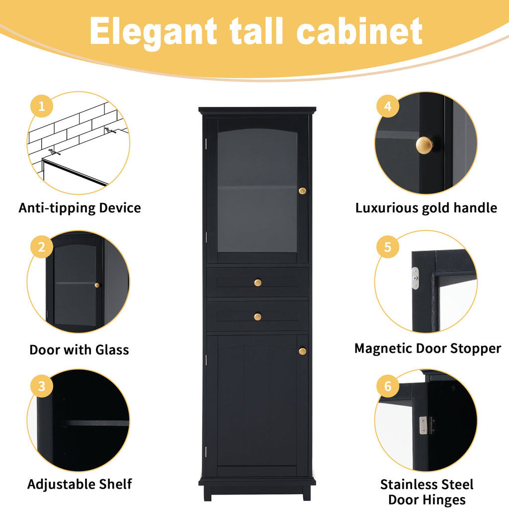63" Tall Bathroom Storage Cabinet with Glass Doors