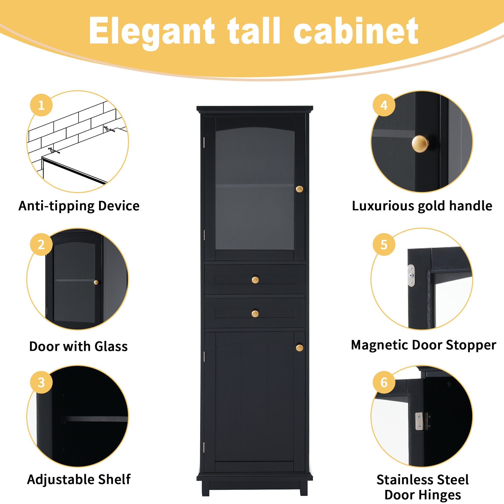 63" Tall Bathroom Storage Cabinet with Glass Doors