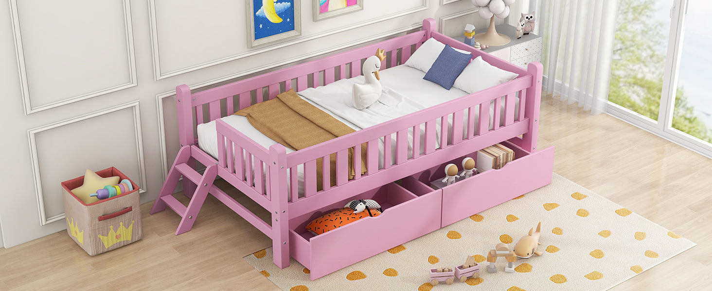 Wood Twin Size Platform Bed with Guardrail and 2 Drawers