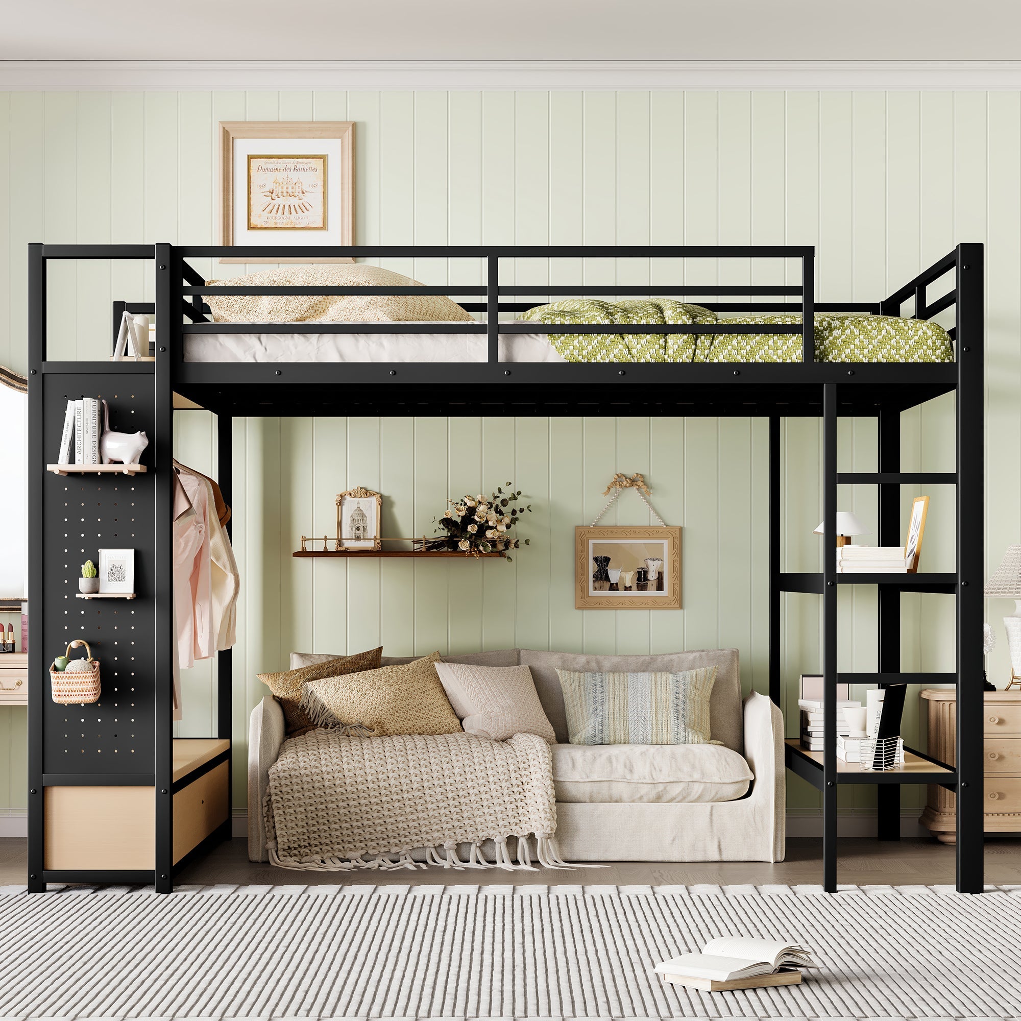Queen Size Loft Bed Frame with Wardrobe