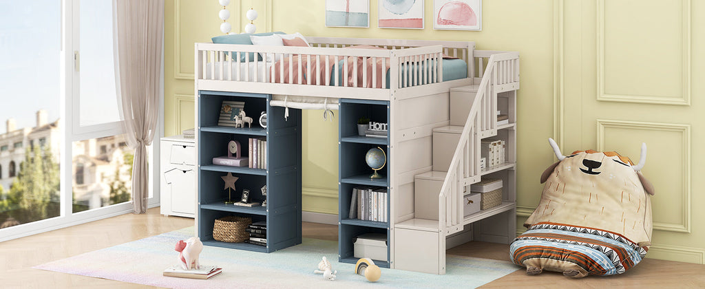 Full Size Loft Bed with 2 Four-layer Storage Cabinets and Curtain