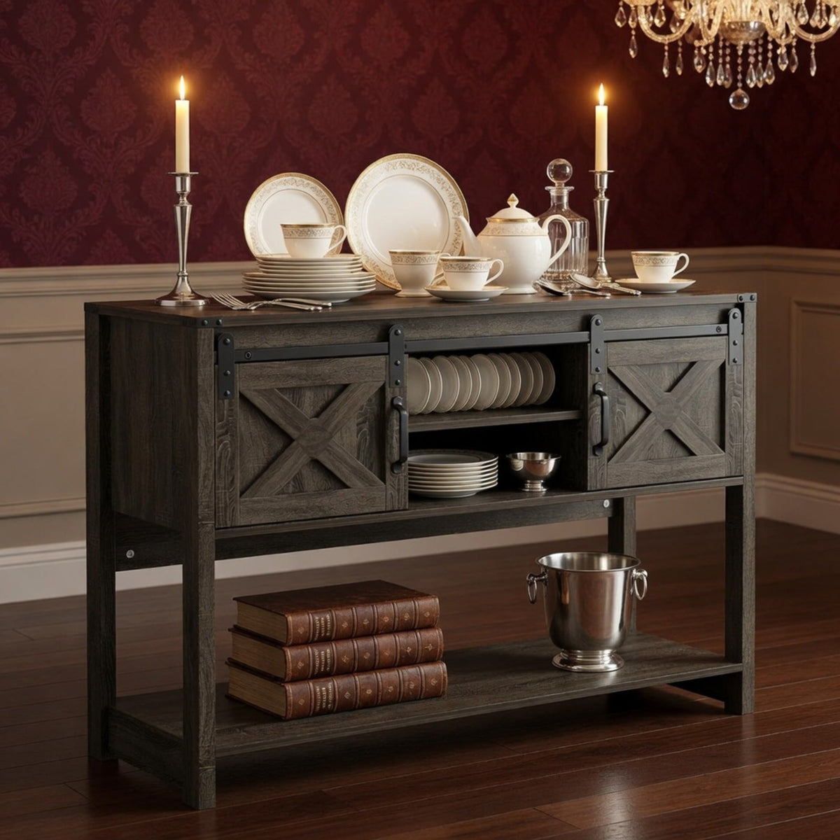 46" Modern Farmhouse Entryway Table with Storage & Sliding Barn Door, Dark