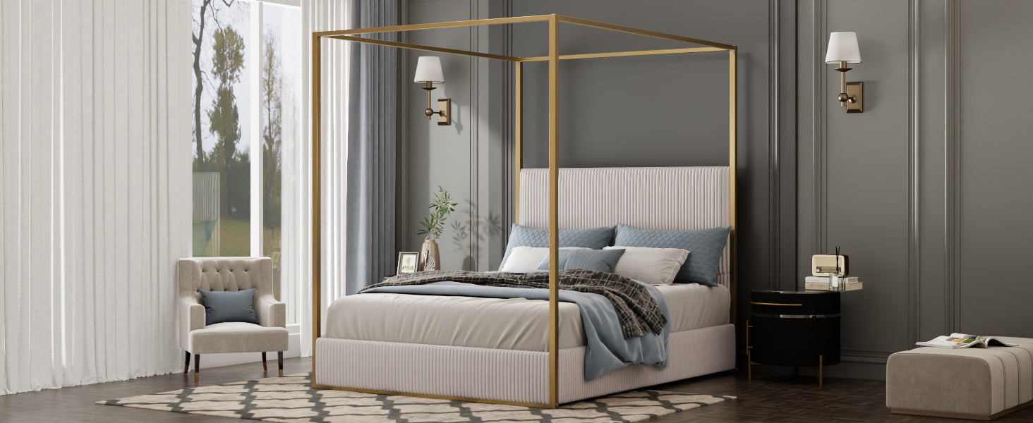 Modern Luxury Metal Canopy Bed with Tall Corduroy Upholstered Headboard