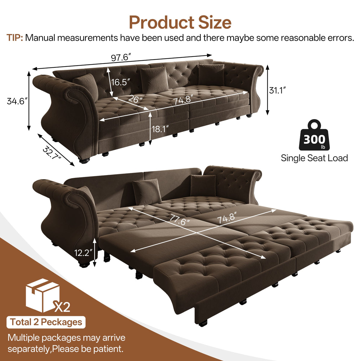 97.6" Oversized Chesterfield Pull Out Sofa Bed