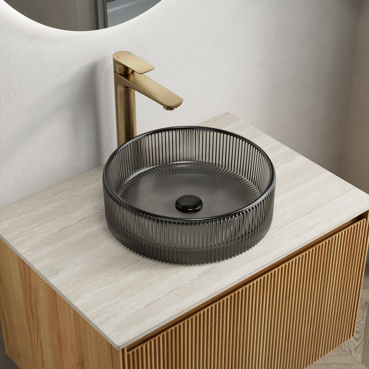 Sonny 14'' Bathroom Round Crystal Glass Sink without Faucet, Transparent