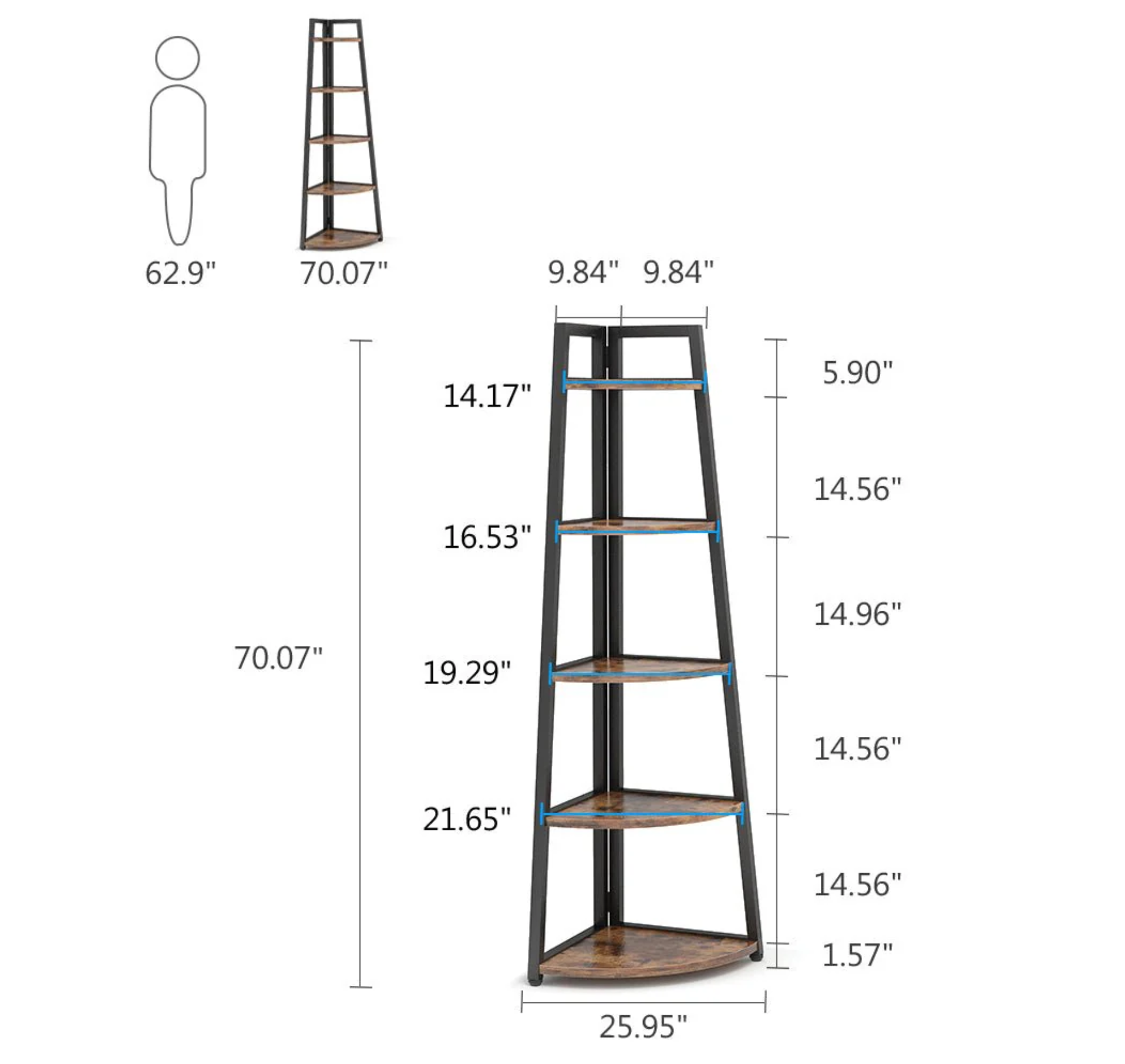 70.07" Tall Corner Shelf, 5 Tier Rustic
