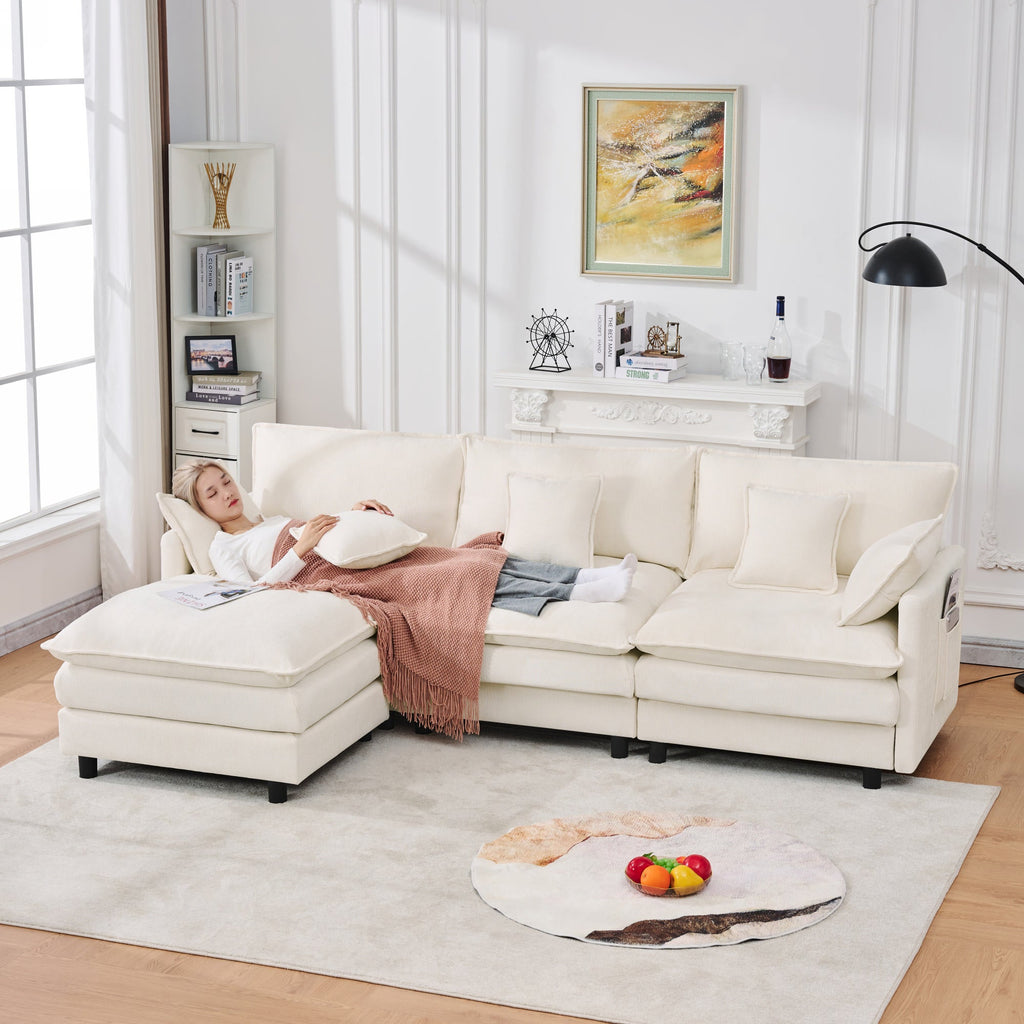 Chenille Modular Three-Seater Sofa with Movable Footstool