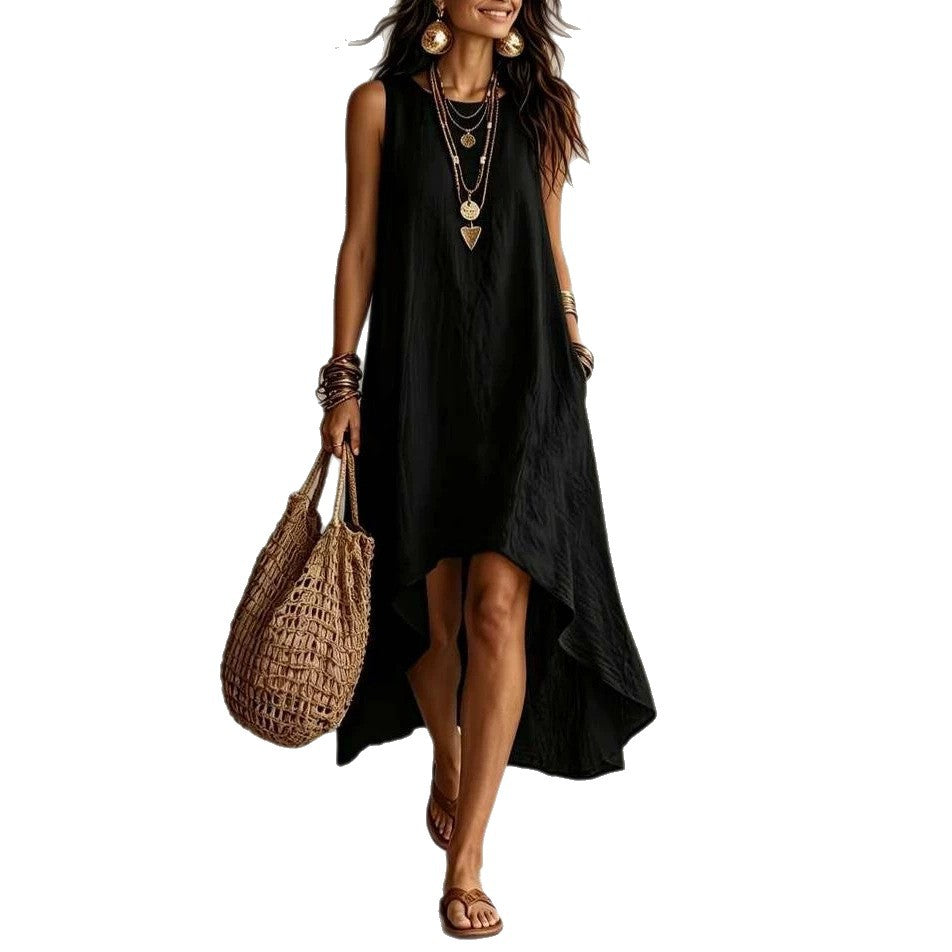 Womens Casual Round-neck Sleeveless Loose-fitting Midi Dress