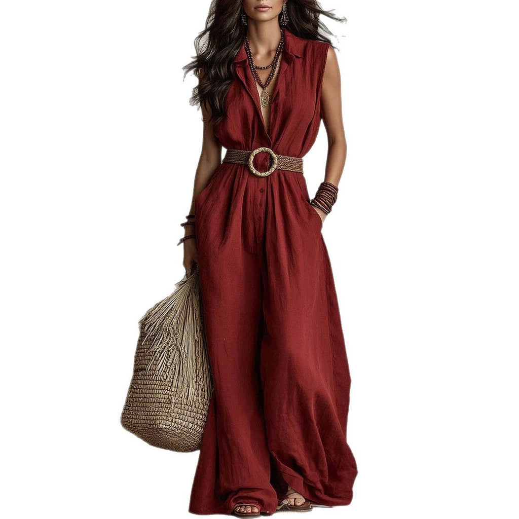 European And American Women's Fashion Cross-border Summer New Loose V-neck Sleeveless Solid Color Casual Elegant Buttoned Women's Jumpsuit