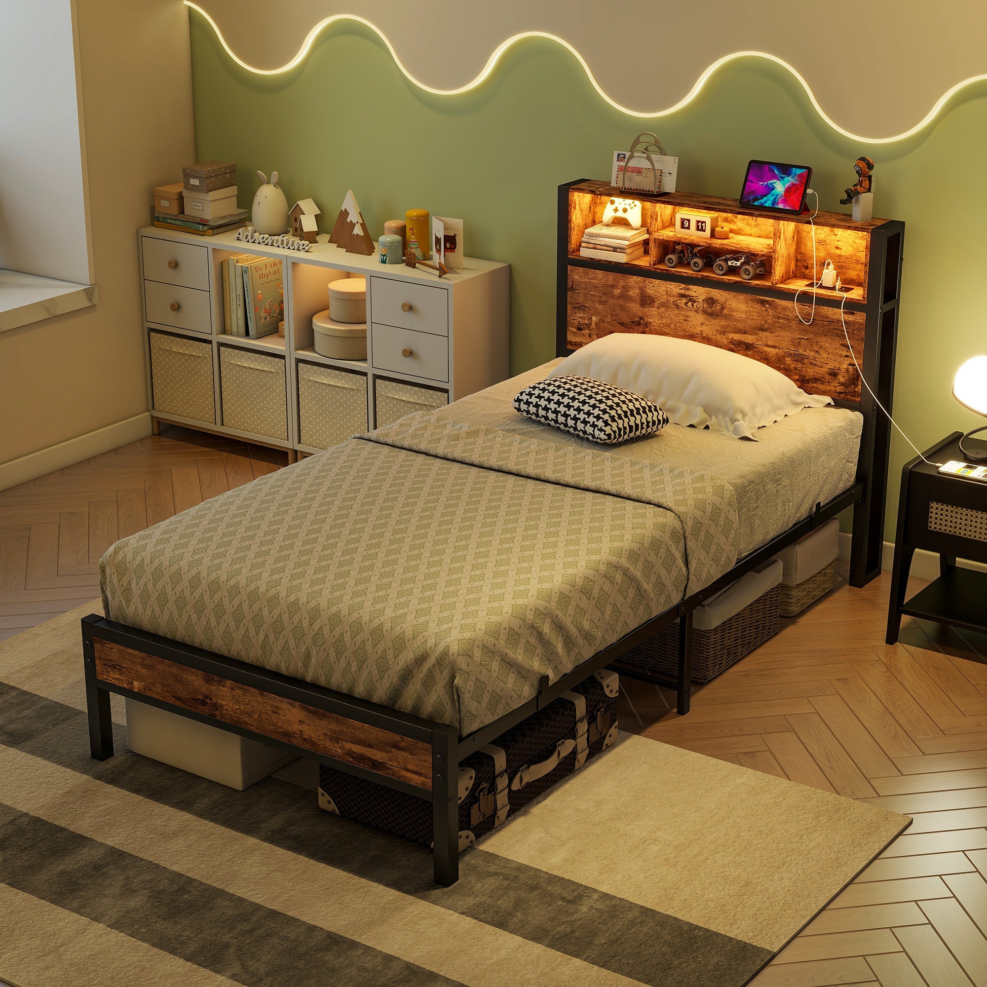 Twin Size Bed Frame with Storage Headboard