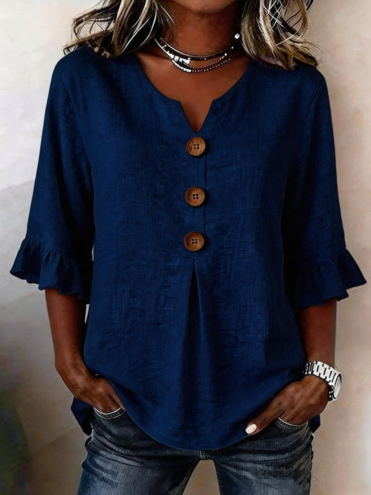 2026 Summer Women's V Neck Cotton Linen Button Up Shirt Solid Color Button Design  Short Sleeve