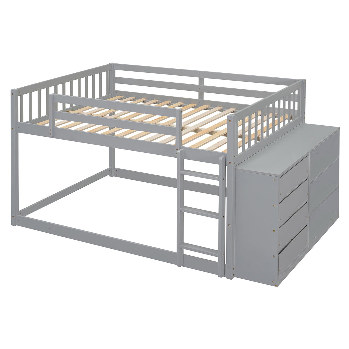 Full Over Full Bunk Bed with 4 Drawers and 3 Shelves - Gray