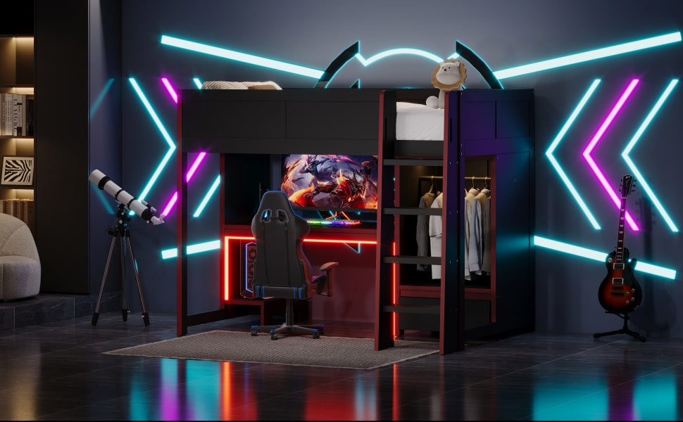 Wood Twin Size Gaming Loft Bed with Built-in Desk, Wardrobe, LED and a Drawer