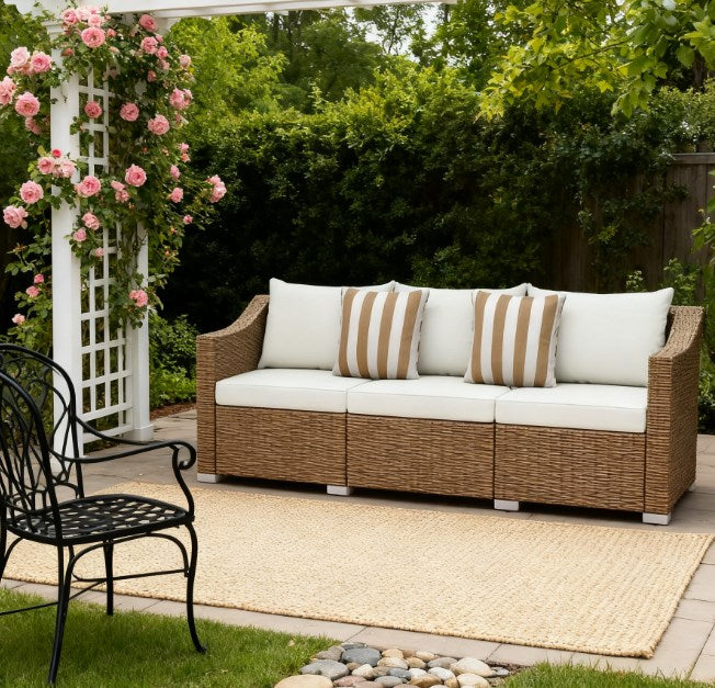 Outdoor Rattan Sofa with Cushions and Throw Pillows