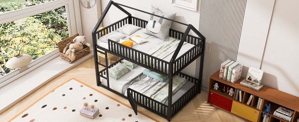 Metal Twin Over Twin House Bunk Bed With Fence And Door