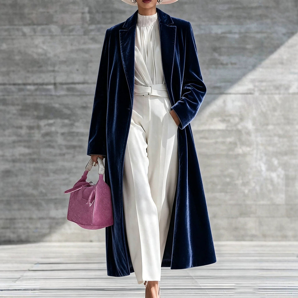 Womens V-neck Over-the-knee Velvet Coat