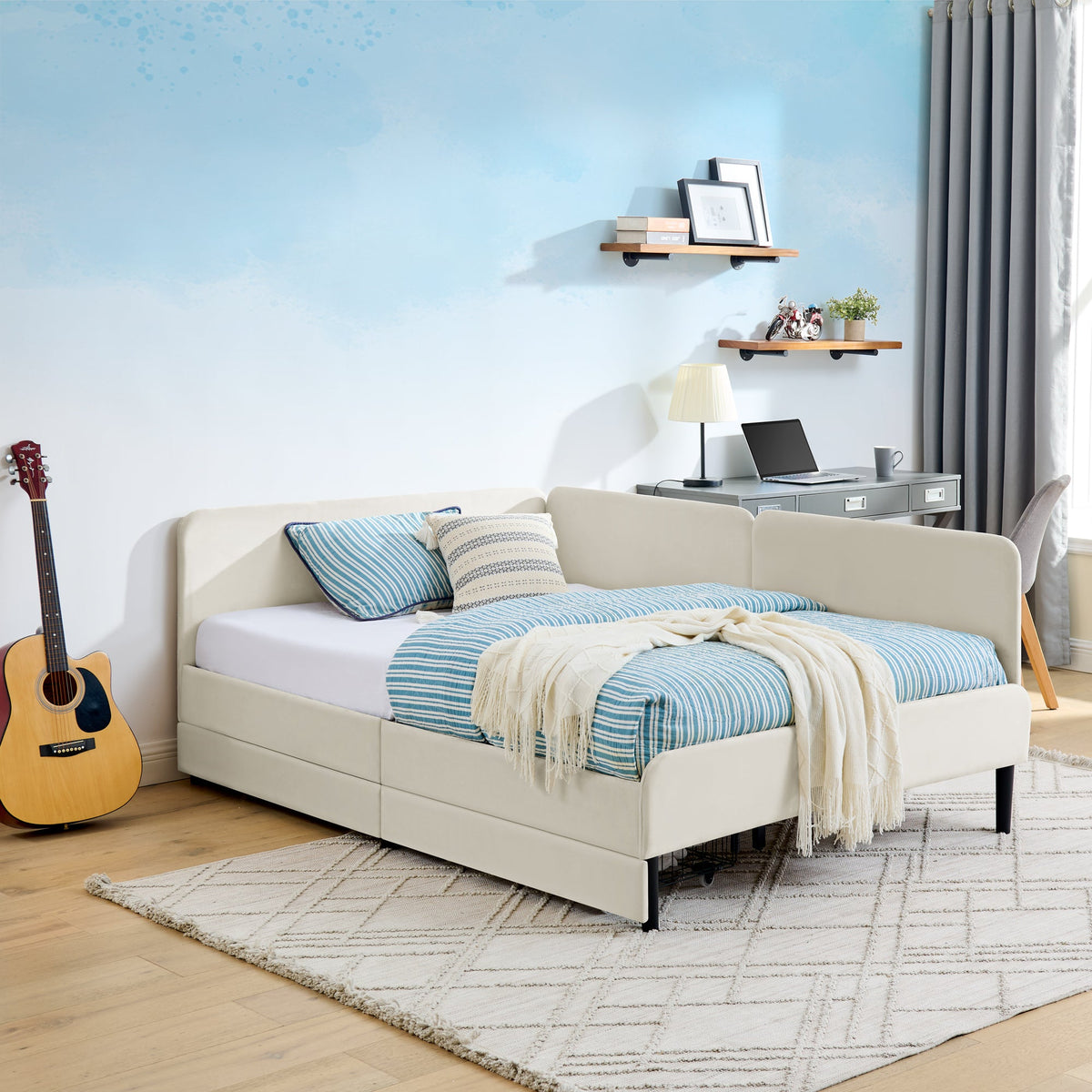 Full Size Upholstered Platform Bed Frame with 2 Storage Drawers