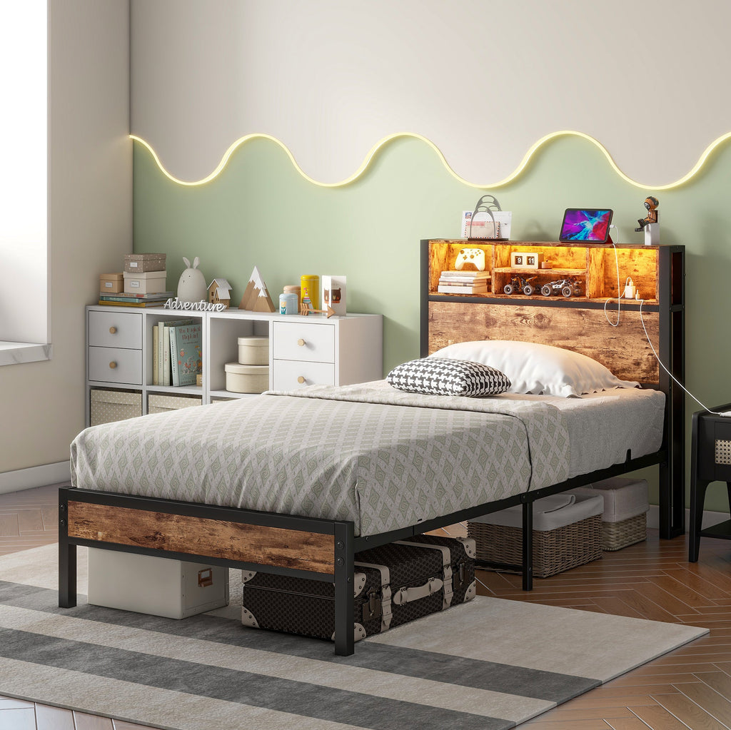 Twin Size Bed Frame with Storage Headboard