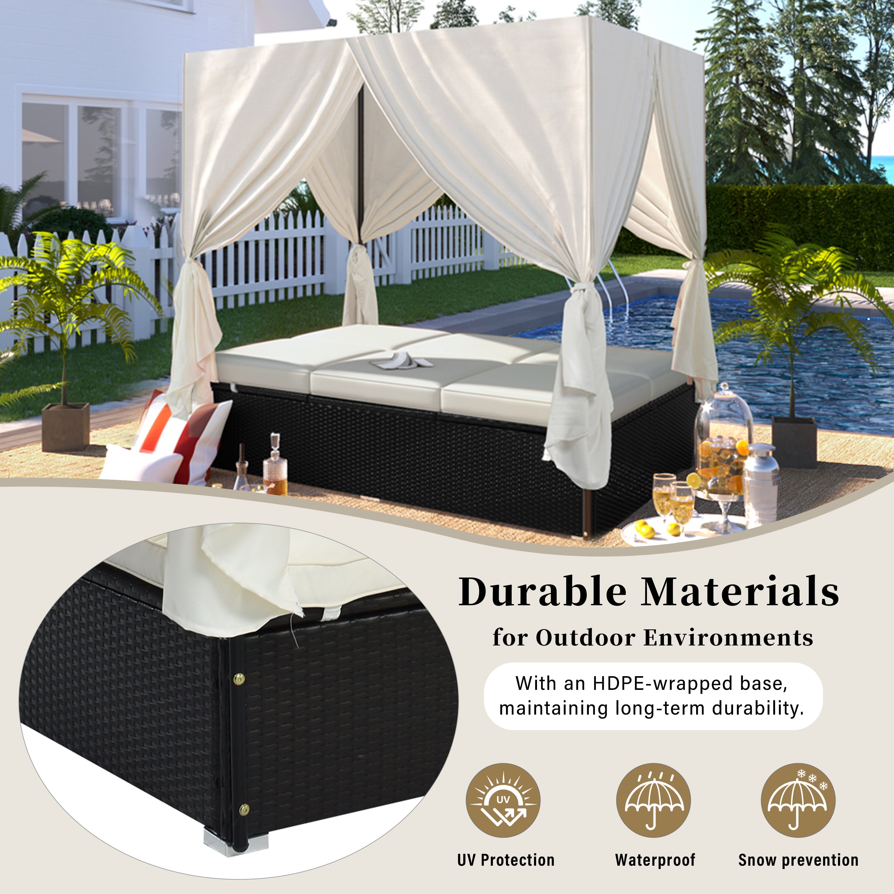 U_Style Outdoor Double Chaise Lounge Daybed with Curtains