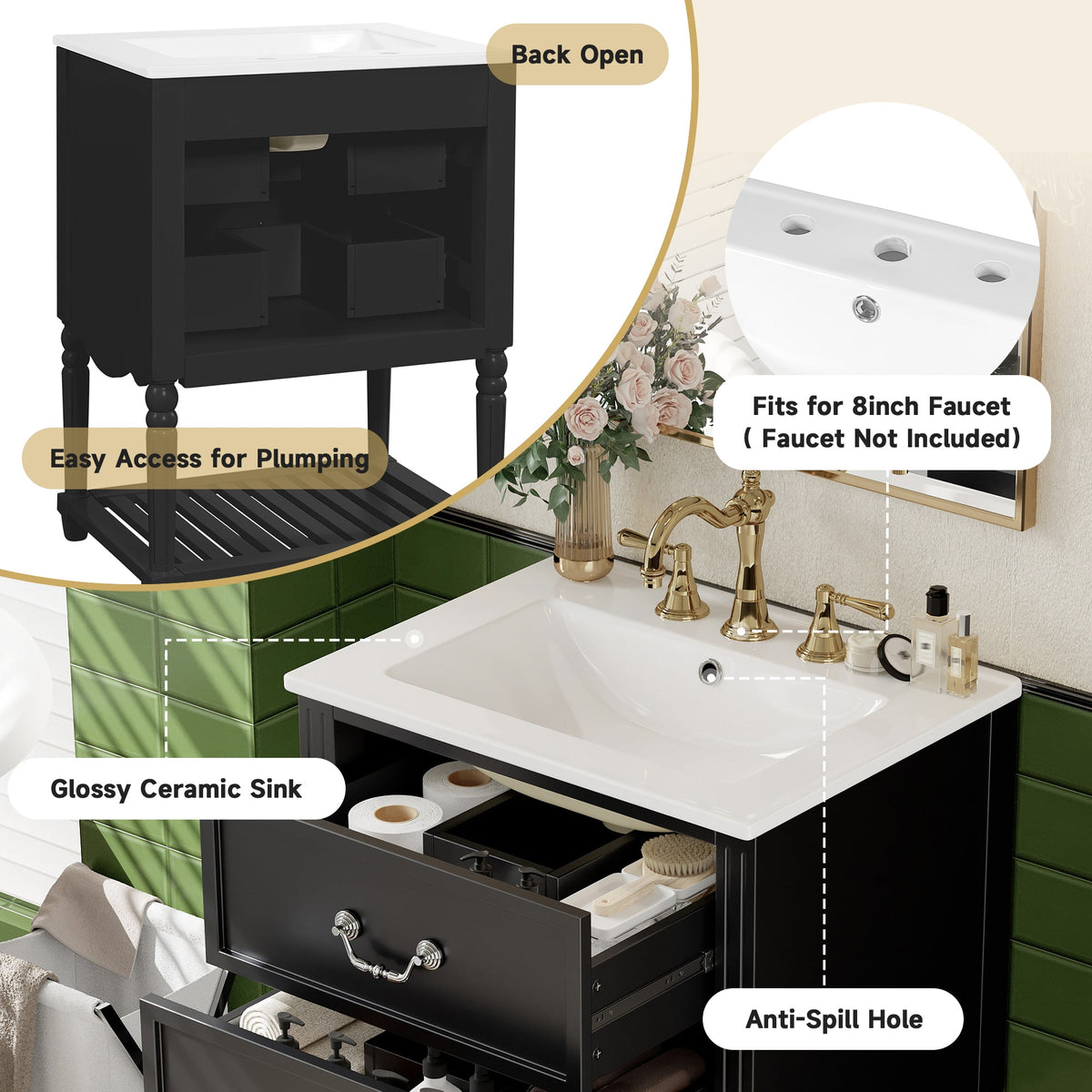 24" Bathroom Vanity with Ceramic Sink