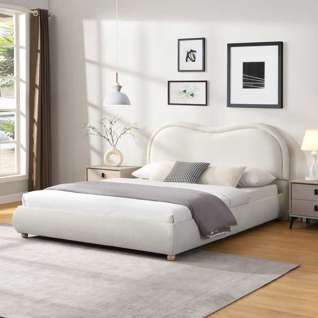 Queen Size Upholstered Platform Bed Frame with Rounded Corners Curved Headboard