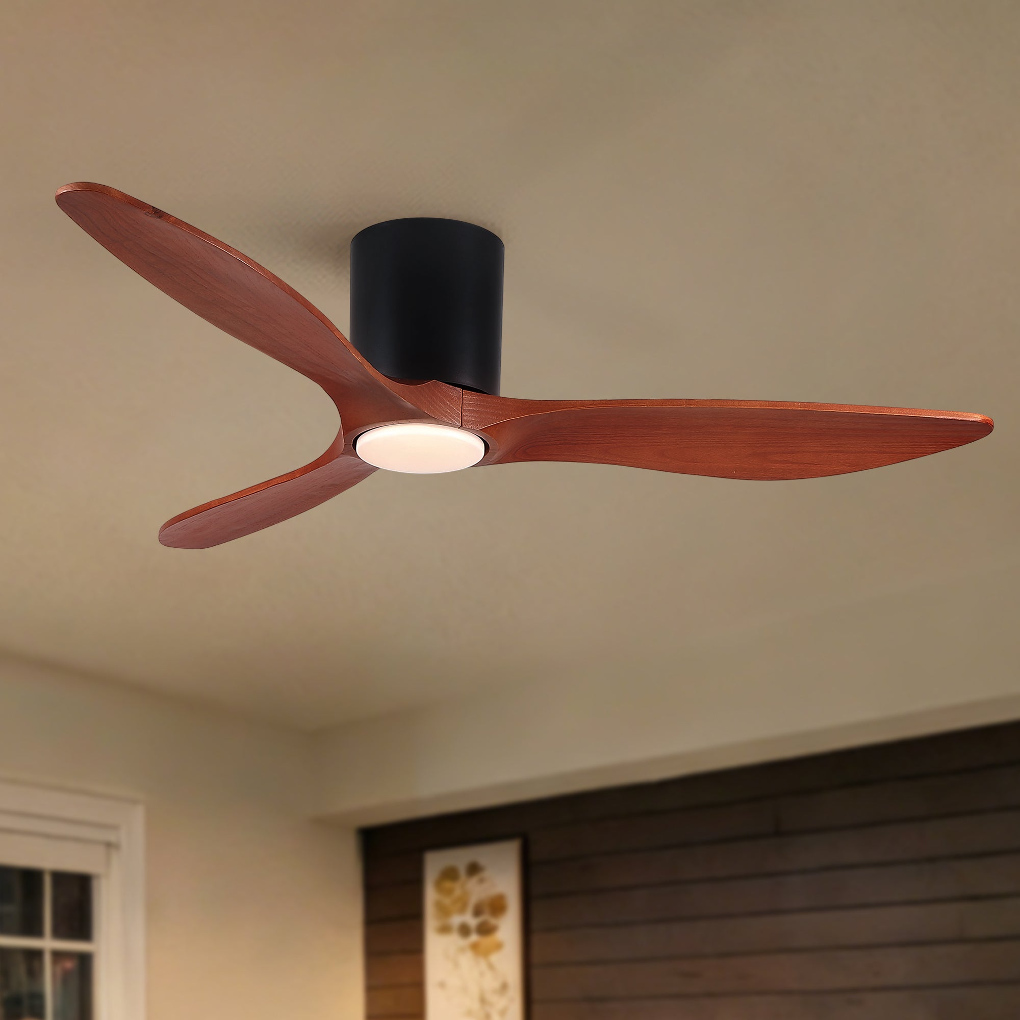 52" Modern Farmhouse Retro Solid Wood Low Profile Flush Mount Ceiling Fan