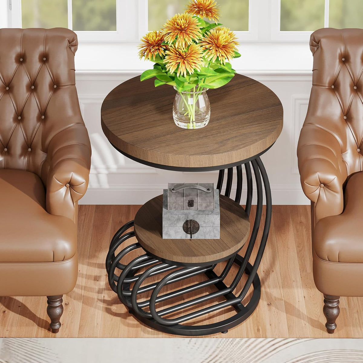 19.68" Round Vintage End Table with 2-Tier Storage