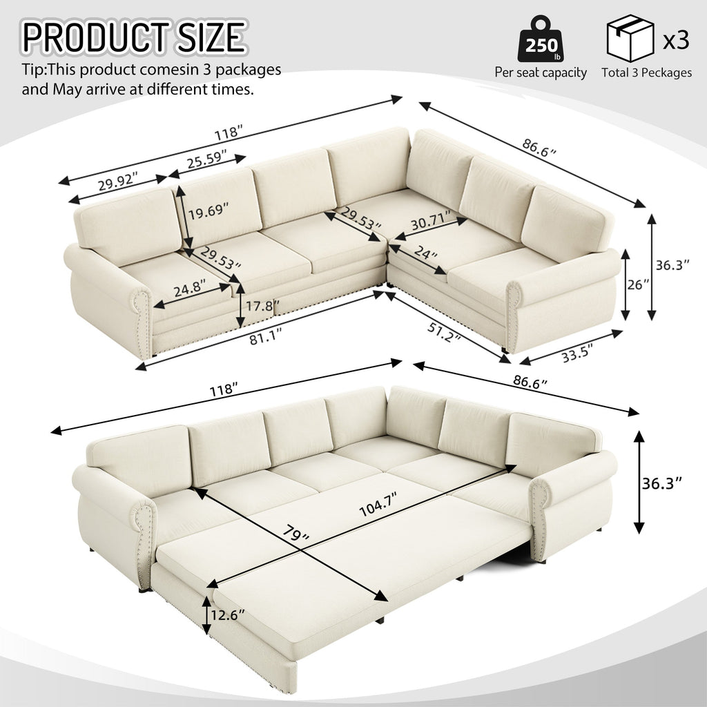 118" L-Shaped Sofa Couch with Pull-Out Bed