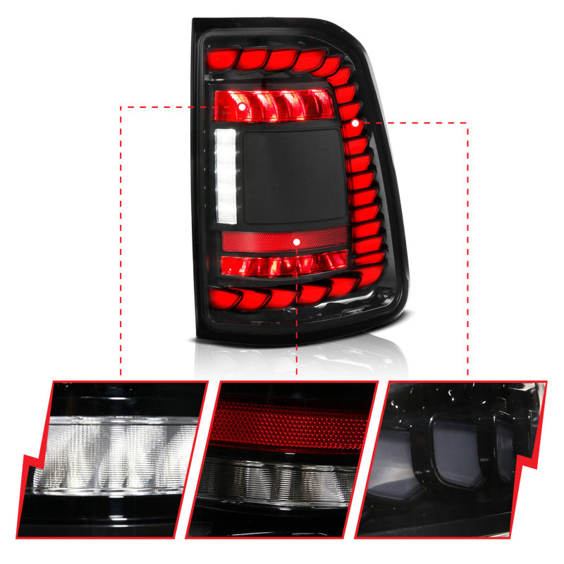 ANZO 19-24 RAM 1500 (Factory Halogen Models) Full LED Tail Lights SeqSig Black - Pair 311480A