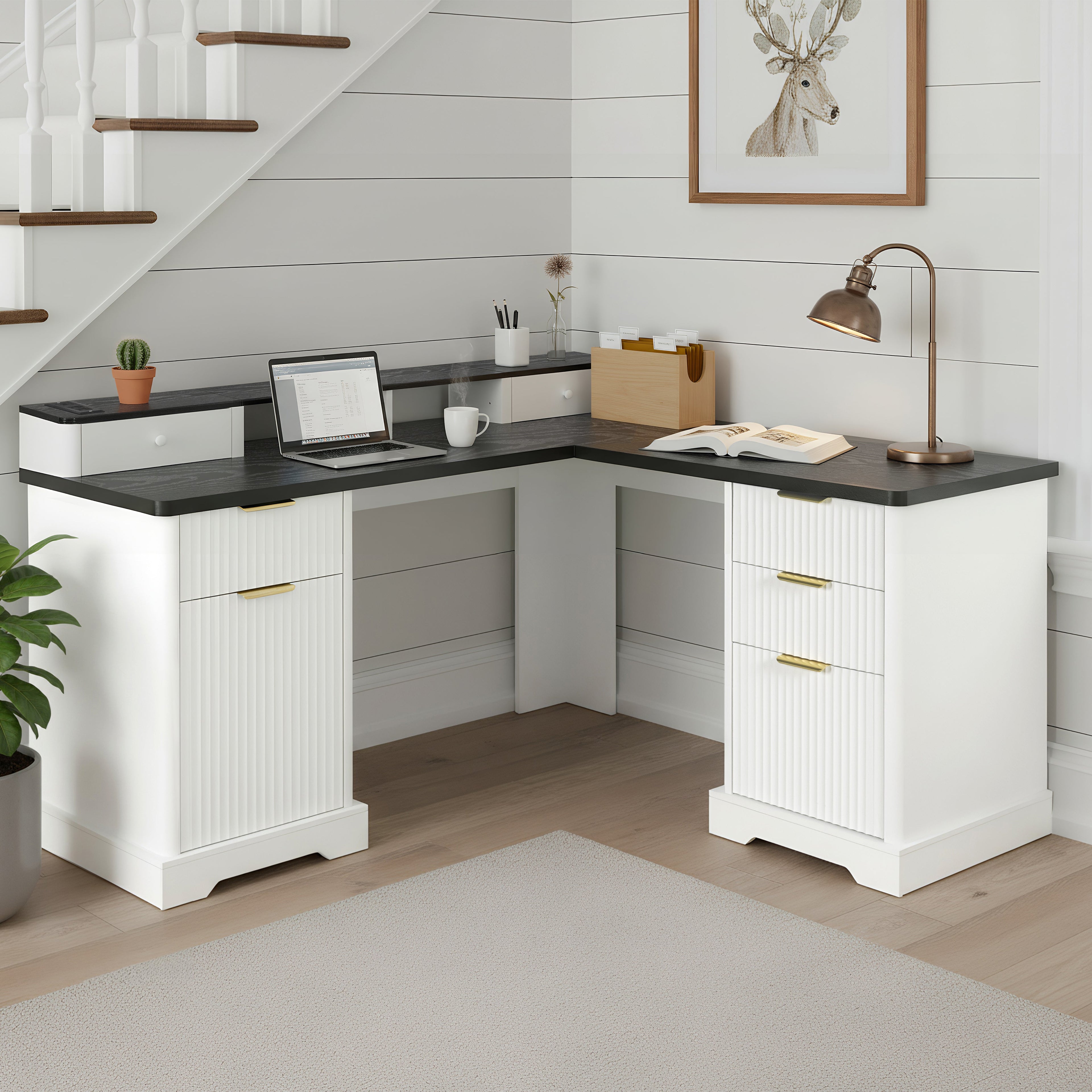 Modern Fluted L-Shaped Desk with Charging Station